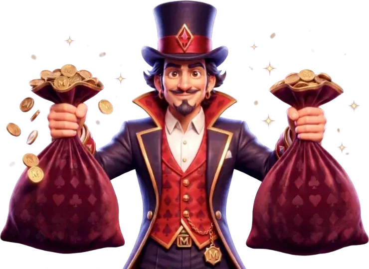 MorosWin magician holding two coin bags