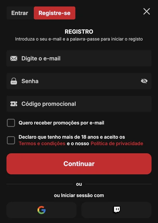 MorosWin sign-up form with the promo code field